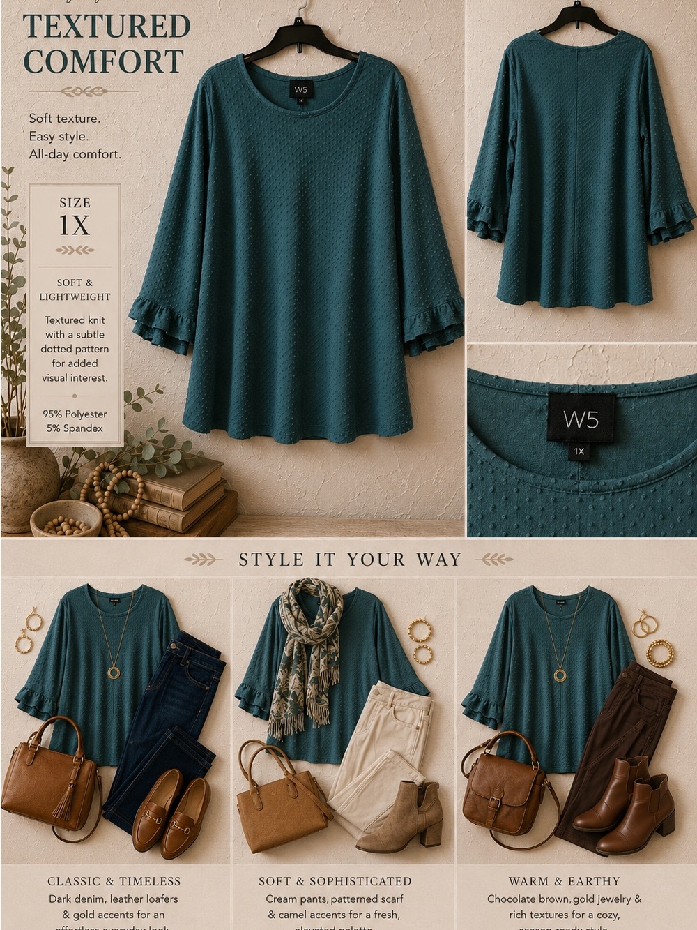 W5 Women's Teal Textured Ruffle-Sleeve Knit Tunic